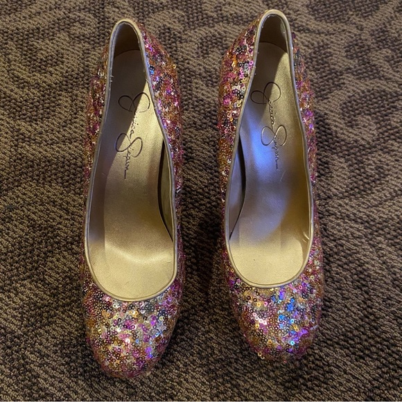 Jessica Simpson Devin 2 Heels Golden Rose Sequin Sparkle Size 7 1/2 - Picture 6 of 13
